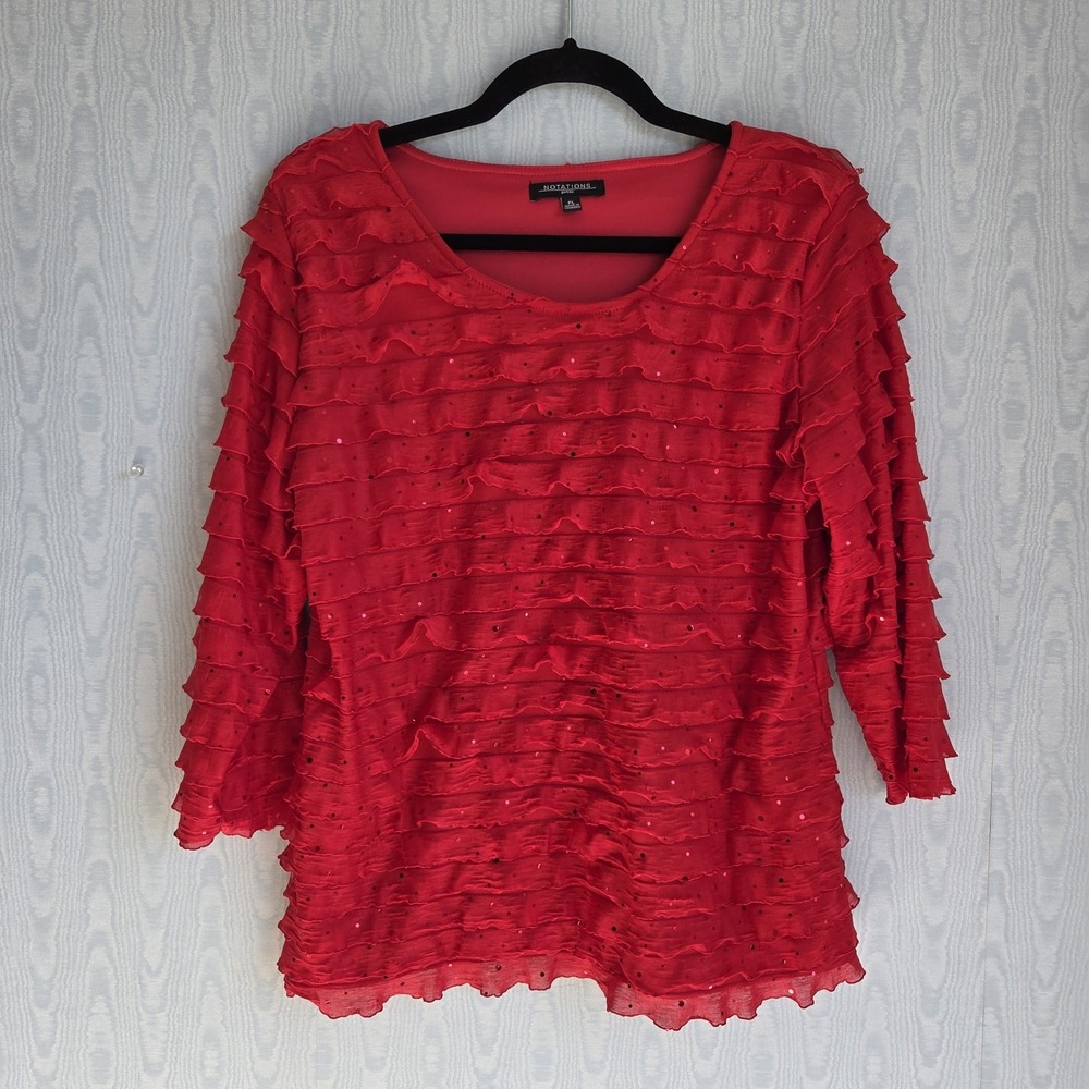 Notations Petite Women's Large‎ Top Glitter Ruffle Holiday Christmas Party Red